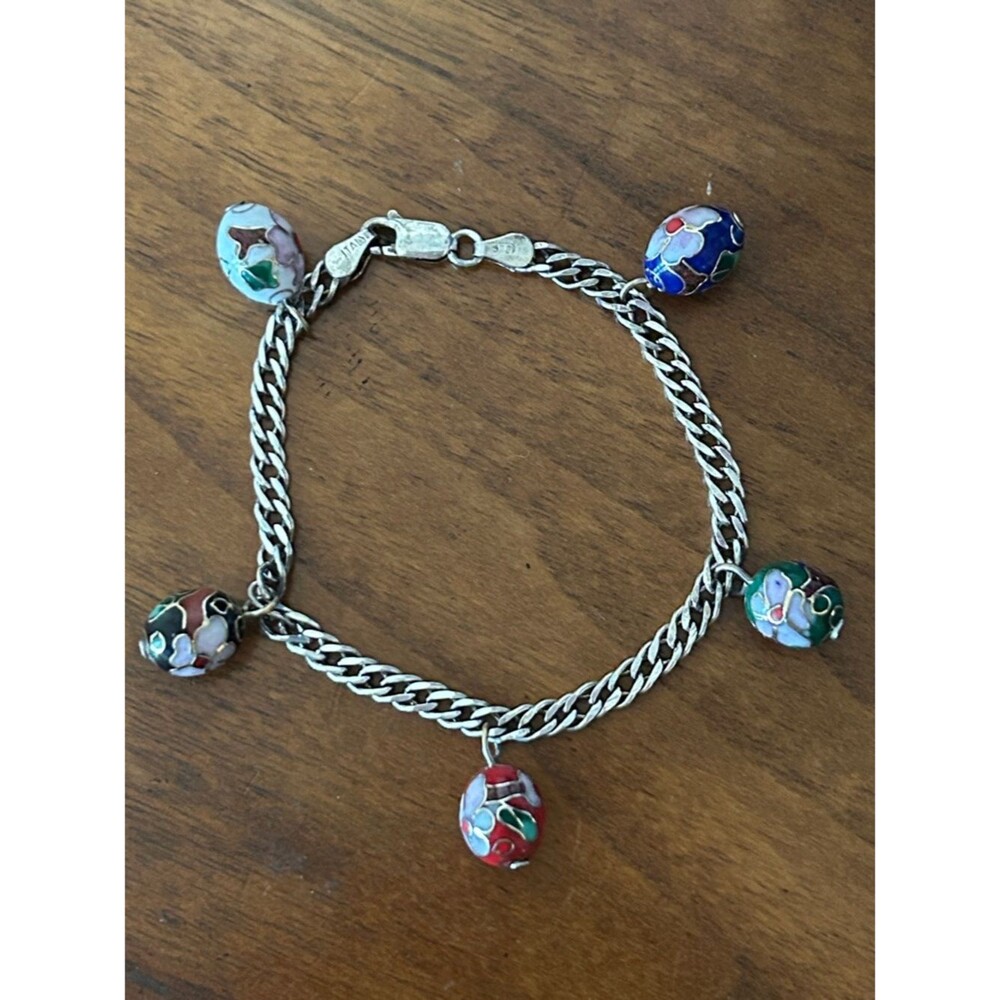 Sterling Silver Multi-Color Cloisonné Charm Bracelet, Italy